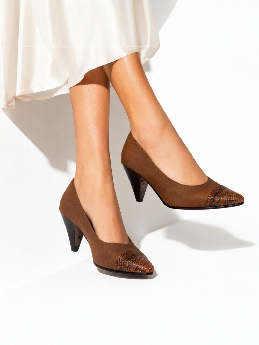 PANCALDI Vintage Italian Snakeskin Kitten Heels 6.5B Brown Pointed Toe Office